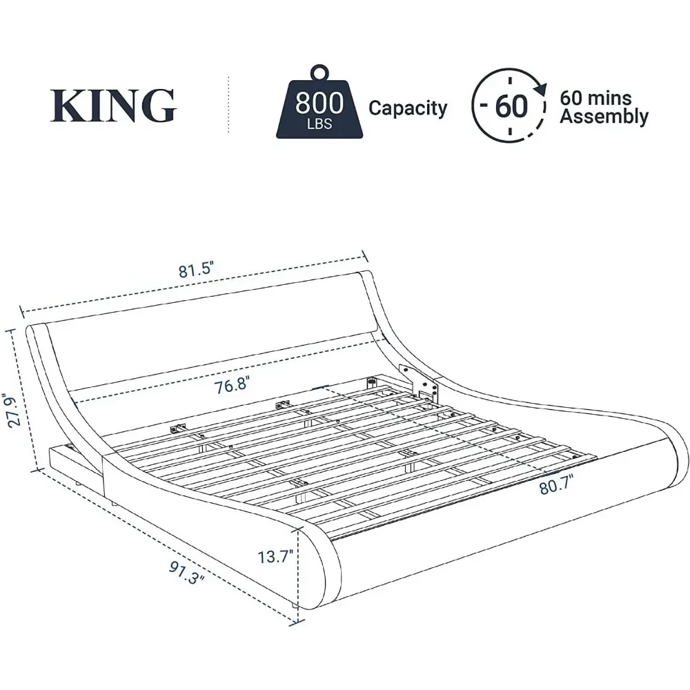 Soft padded oversized platform bed frame, sled bed, artificial leather headboard, wooden board support, easy to assemble, bed