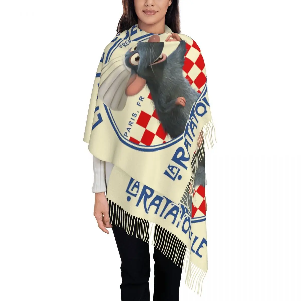 

Custom Ratatouille Little Chef Remy Tassel Scarf Women Soft Cartoon Shawls Wraps Female Winter Fall Scarves
