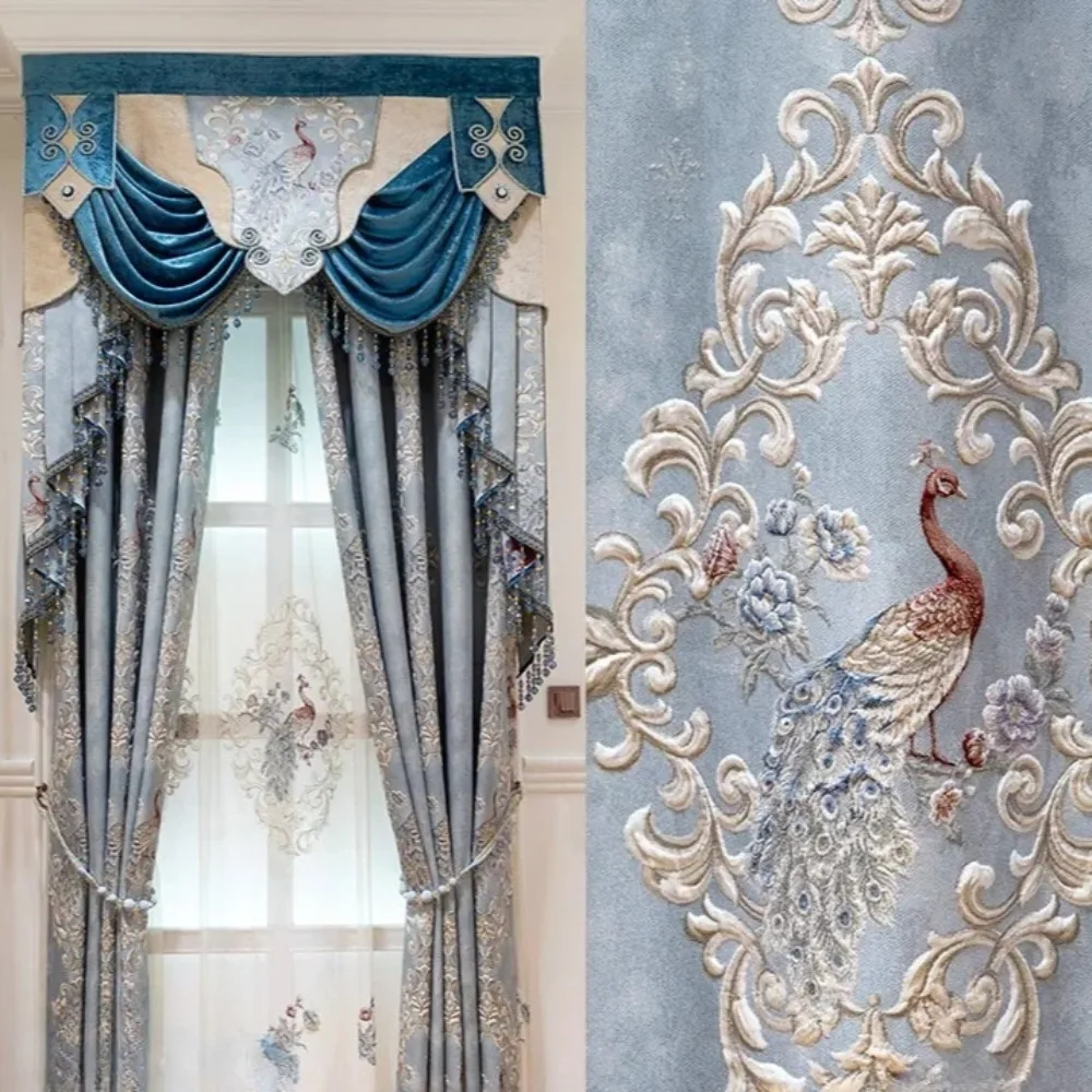 New high precision jacquard curtains living room bedroom balcony blackout embossed curtains peacock