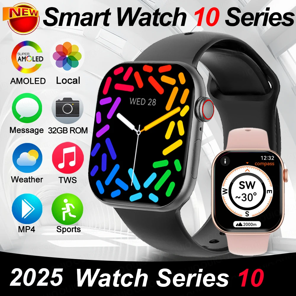 

2025New For Apple DT Watch 10 Smart Watch Men 32GB Memory HD AMOLED Music 3D Surround Bluetooth Call Waterproof Smartwatch Woman