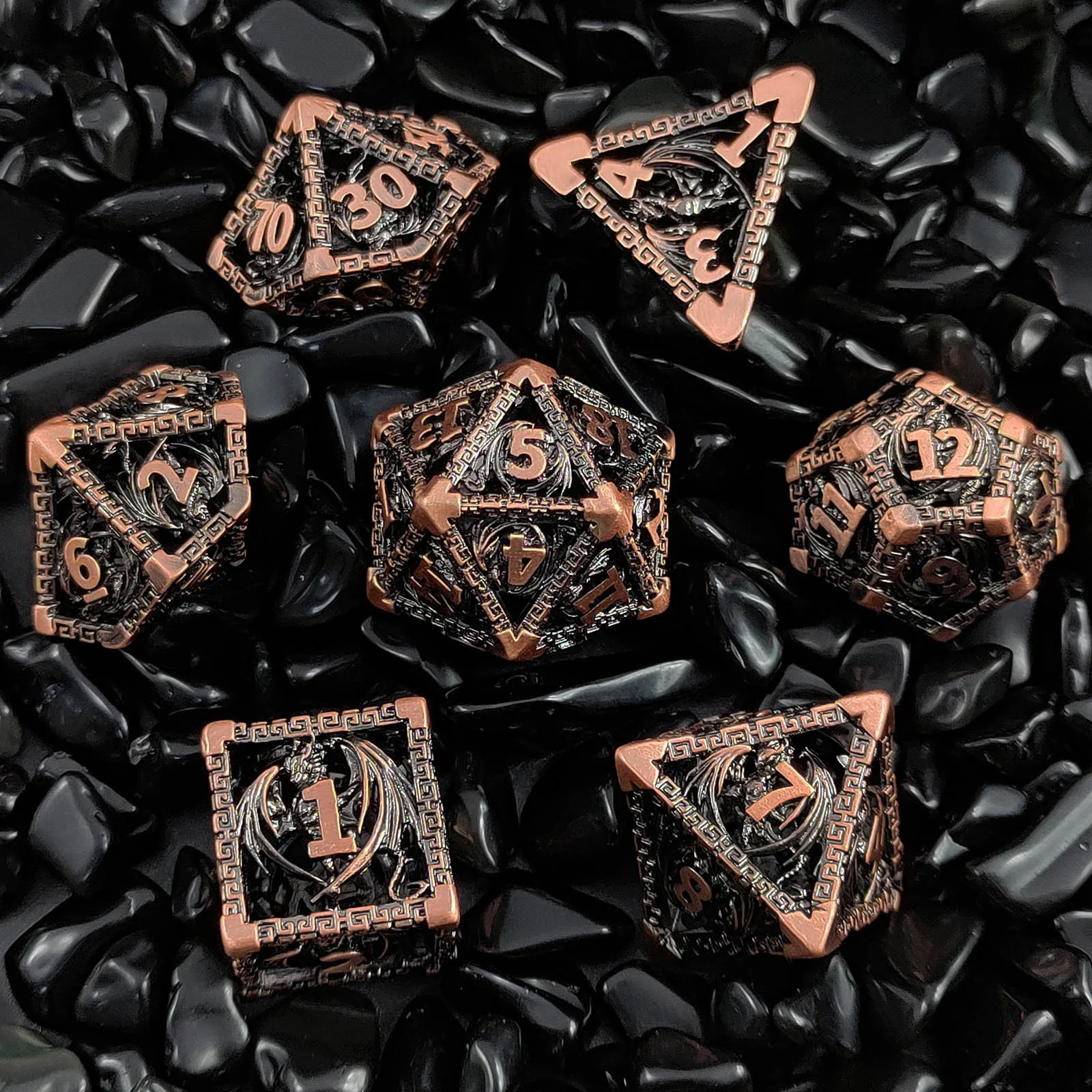 

7pcs Metal Dragon Dice Set Multi sided Dice COC Running Group Color Solid Sieve Dragon and Dungeon Board Game DND Game DND Dice