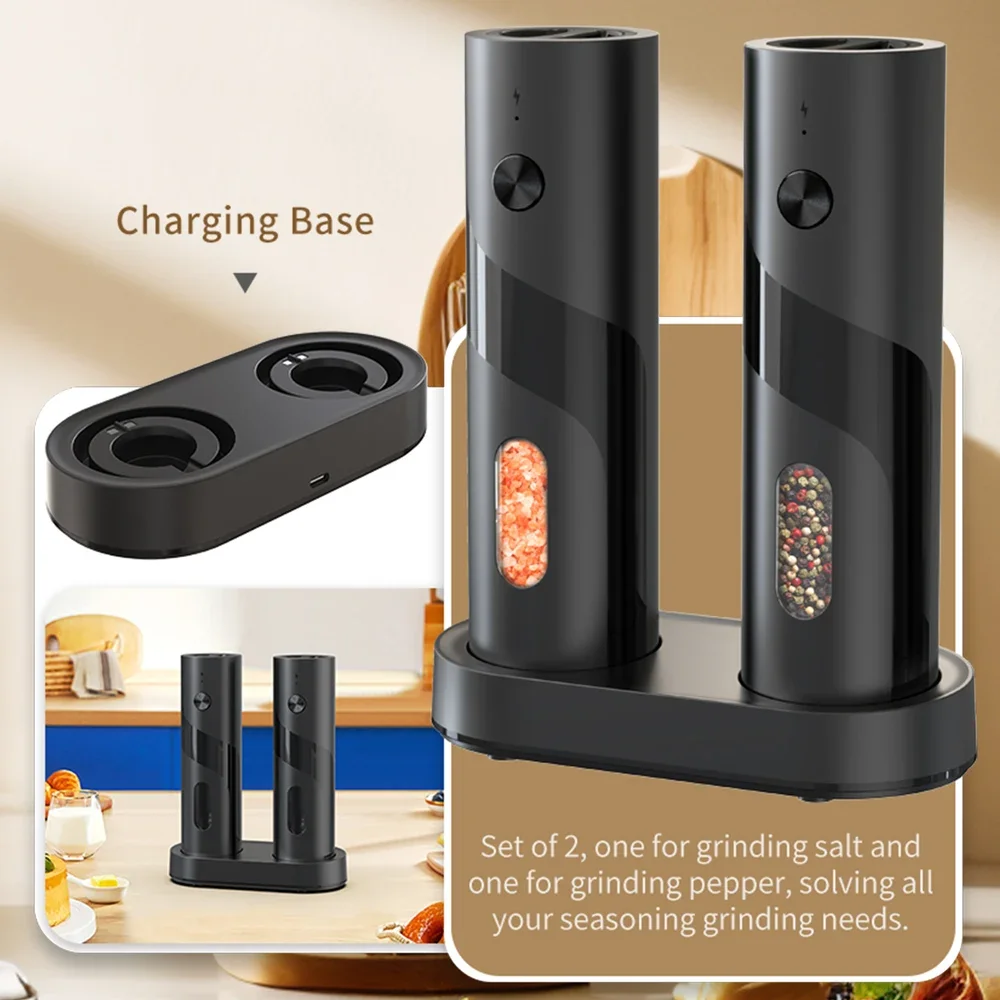 مجموعة مطحنة فلفل ملح كهربائية قابلة لإعادة الشحن عبر USB، خشونة قابلة للتعديل، مطحنة توابل أوتوماتيكية، أدوات المطبخ