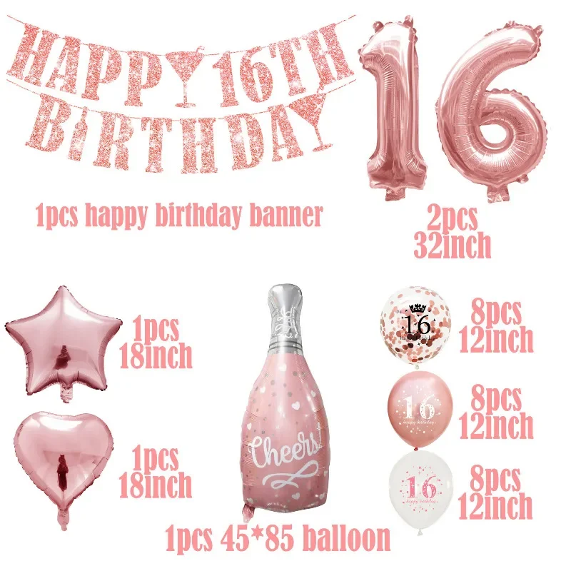 Rose Gold Glitter Happy Birthday Letter Banner Stars/Hearts/Wine Bottles/Numbe-Shaped Balloons Set for Birthday Party Backdrops