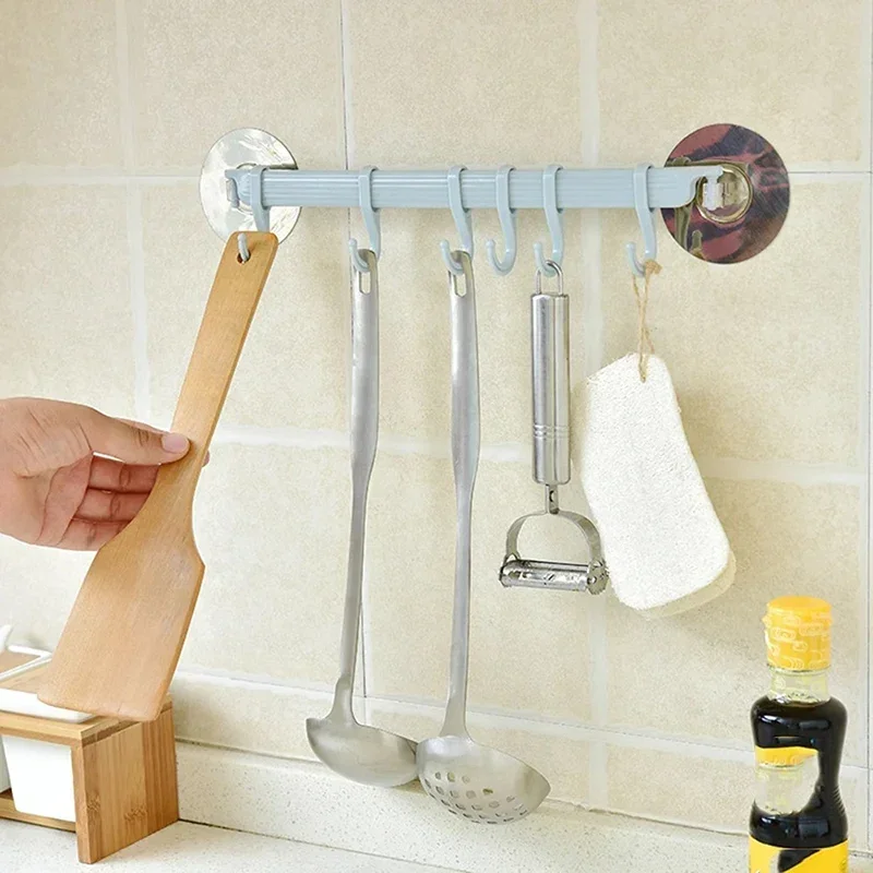 Wall-mounted Kitchen Hooks Suction Cup 6 Hooks Strong Adhesive  Seamless Hooks Kitchen Adhesive Plastic Hooks Dishcloth Rack