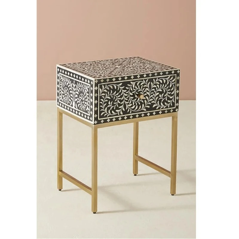 

Modern antique bone inlaid bedside table adjustable handmade exquisite flower bedside table