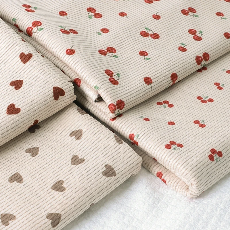 0.5/1/2Yard Cute Cherry Heart Print Ribbed Corduroy Fabric Spring Autumn DIY Sewing Fabric Making Pants Jacket Clothing Cloth