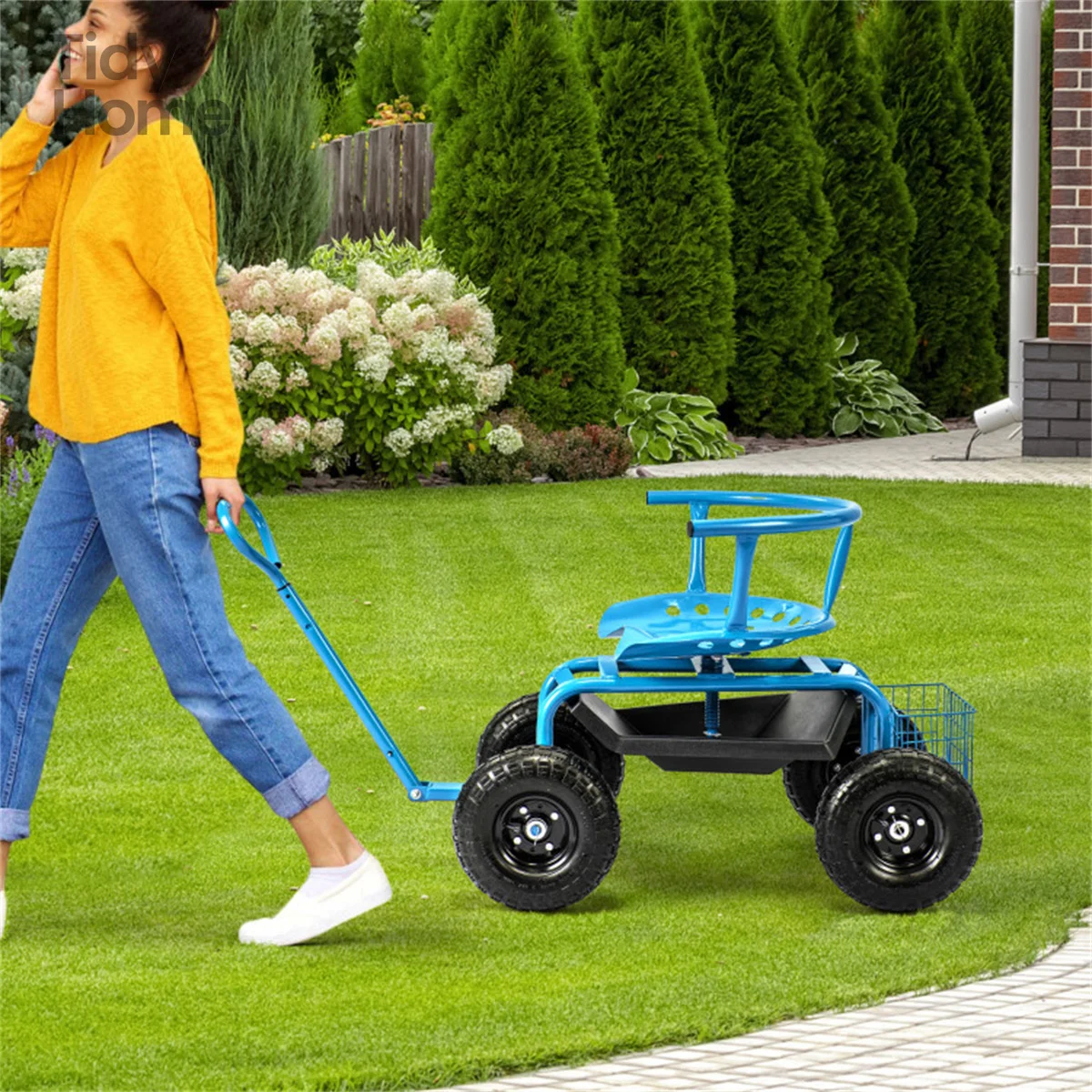 

Garden Cart Height Adjustable Scooter,Rolling Gardening Stool with Adjustable 360° Swivel Seat, Tool Tray & Storage Basket