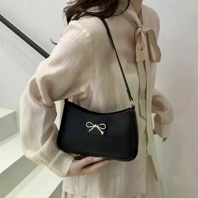 

Classic Y2K Small Purse Luxury Female Handbags Vintage PU Leather Shoulder Bags For Women Daily Ladies Underarm Bag With Bow