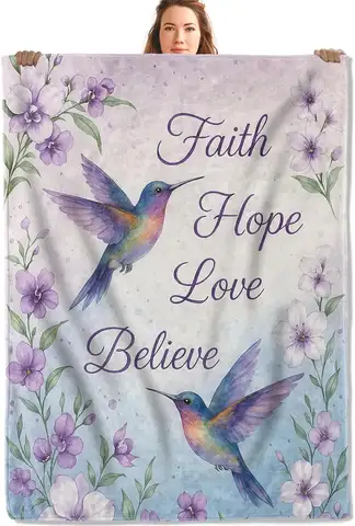 Purple Hummingbird with Floral Pattern Fleece Blanket Inspirational Quote Soft Warm Throw Interior Decoration Bedding Cover