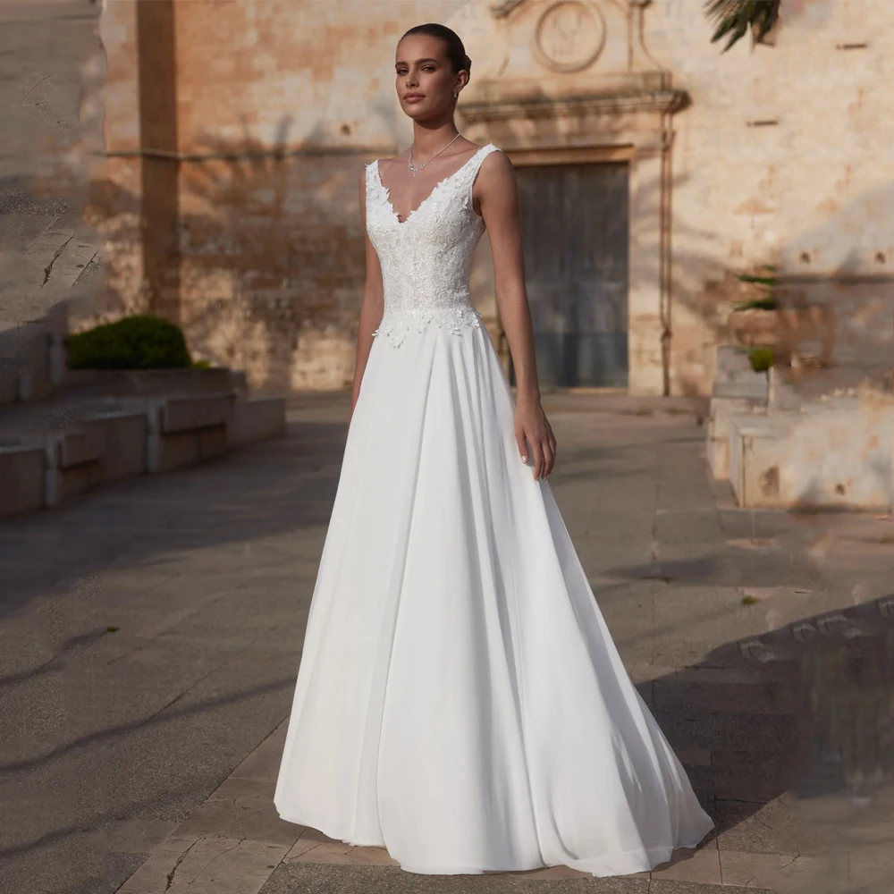 

Chiffon Wedding Dress For Women Sleeveless Double V-Neck Chiffon Backless Elegant Lace Bride Gowns vestidos de novia Customized