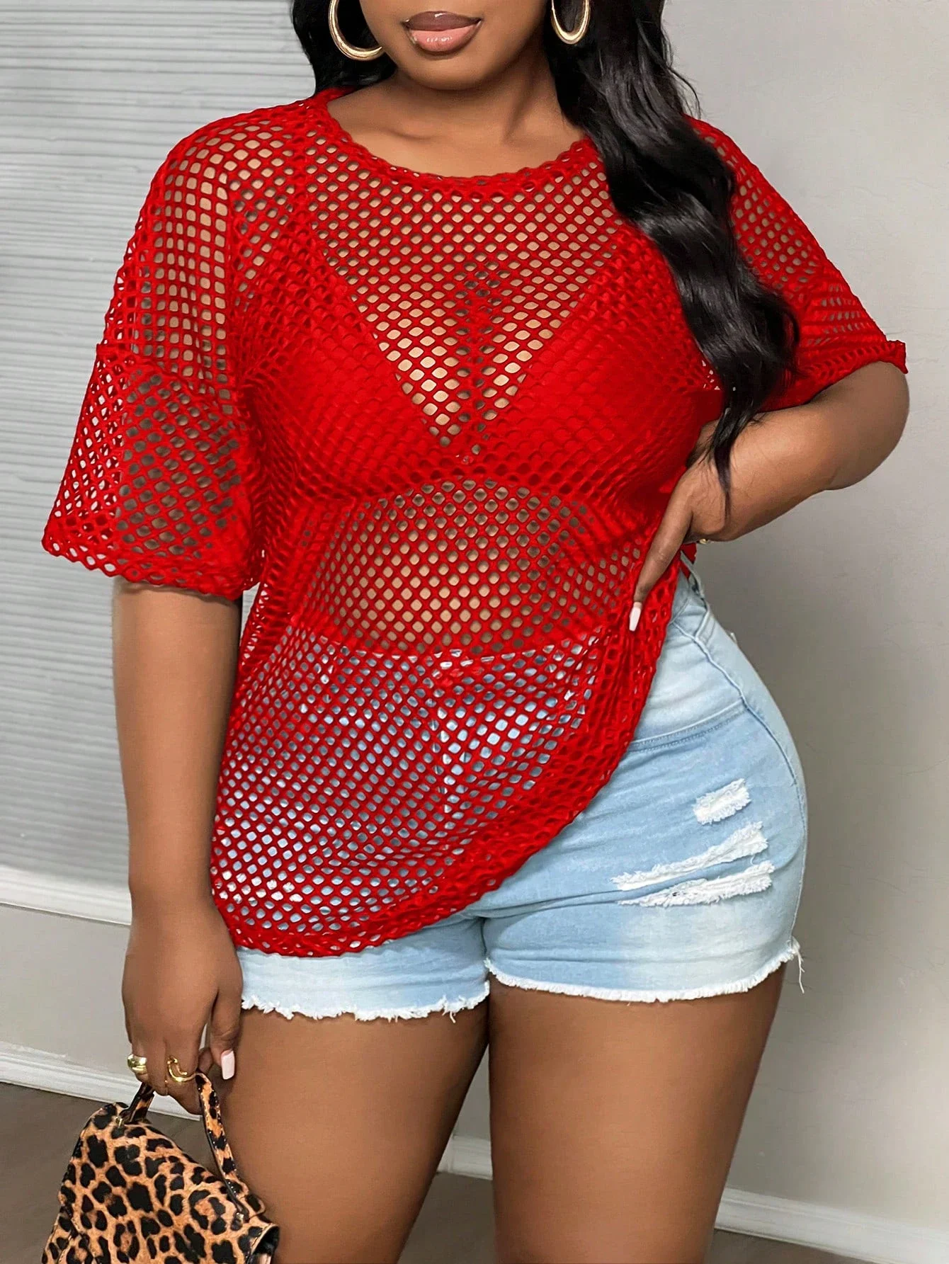 

Red Sheer Mesh Loose Fit Round Neck Half Sleeve Top