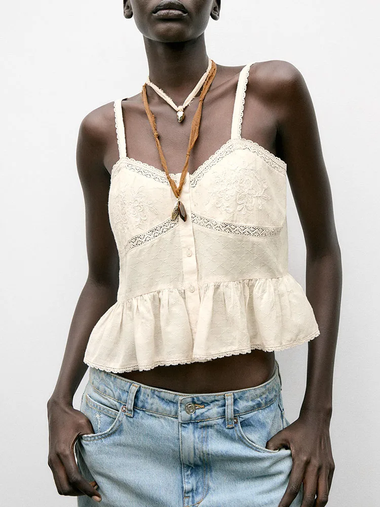 Romantic Casual Women's Summer New Arrival Strap Embroidered Lace Decorated Faion Top Ethnic Stage Costume T Blouse