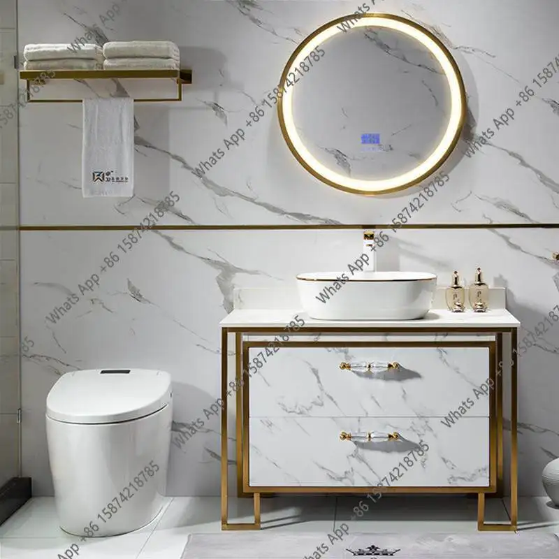 Customized light luxury intelligent round mirror stainless steel bathroom cabinet combination rock slab table basin
