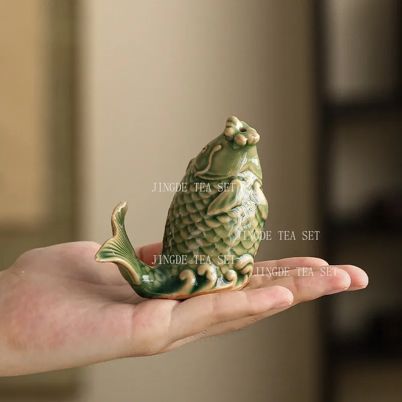 Celadon Green Ceramic Koi Fish Tea Pet Figurine Lucky Carp Statue for Kung Fu Tea Table Tea Pets and Feng Shui Home Decor