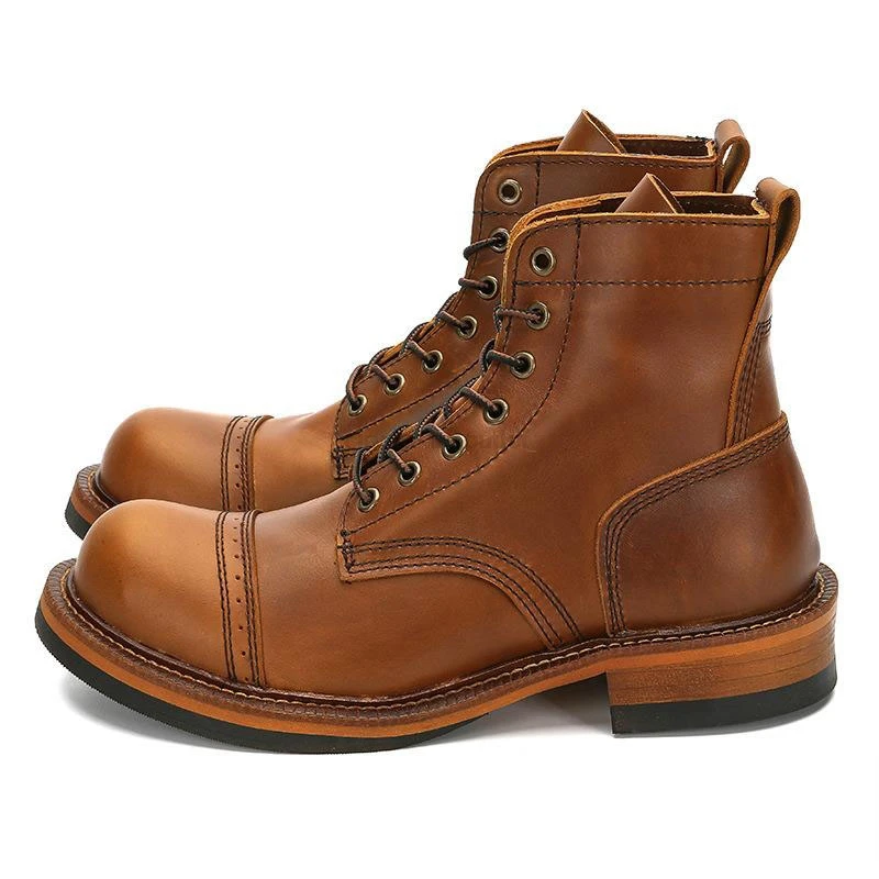 EU Size 39-44 Men Vintage Motorcycle Boots Tooling Work Casual Motorcycle Boots Retro Breathable Cowhide Leather Round Toe