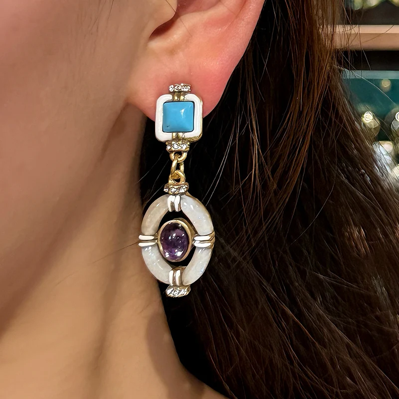Turquoise Drop Earrings Vintage Purple Glaze Inlay Large Hollow Round White Enamel Designer Jewelry Female Picnic Charm 2026 New