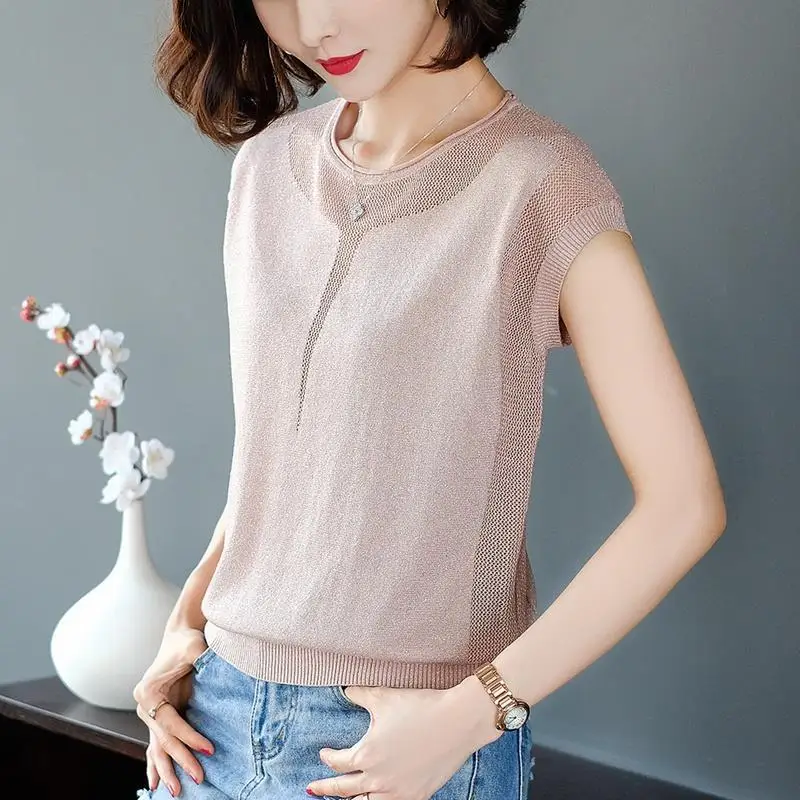 Summer New Bright Silk Female Clothes 2023 Round Neck Hollow Out Casual Tops Women Ice Floss Loose Knitting T-shirt