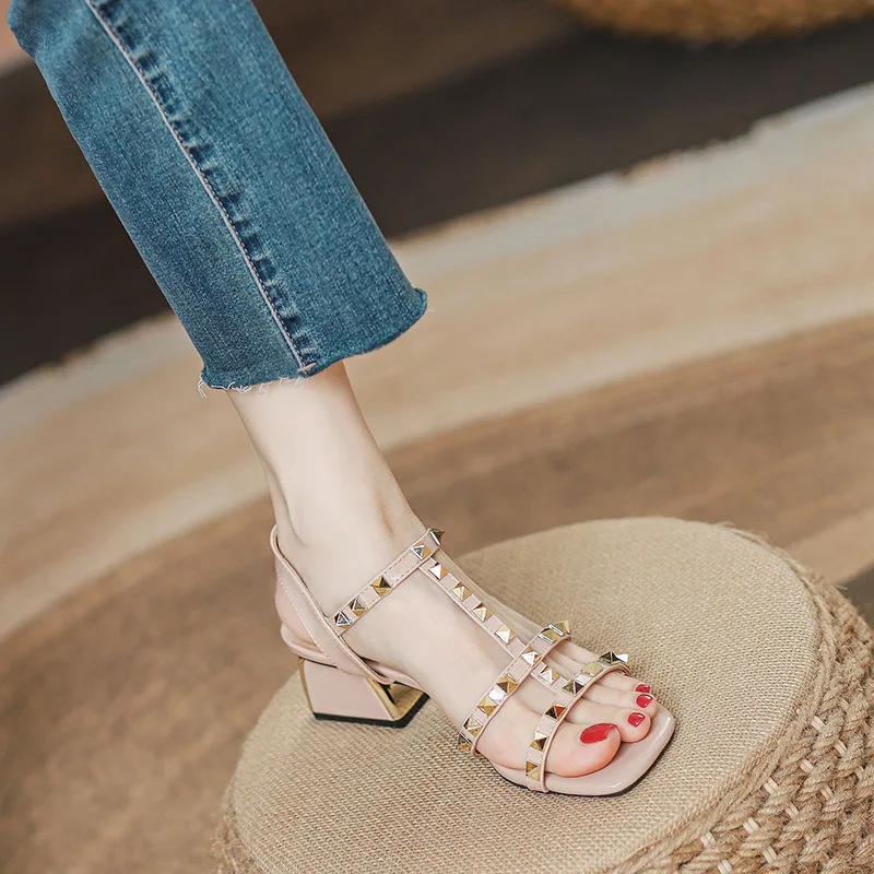 Studded Sandal women 2024 summer new influencers fashion fairy style with skirt with Roman heels