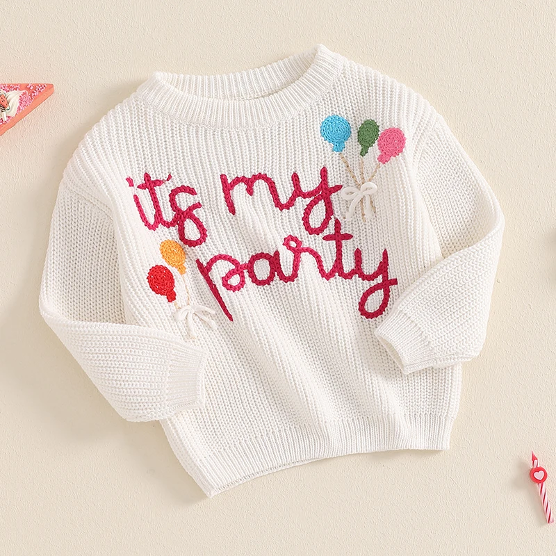 Suefunskry Toddler Baby Girl Birthday Knitted Sweater Lovely Letter Balloon Embroidery Long Sleeve Pullover Tops for Fall Winter