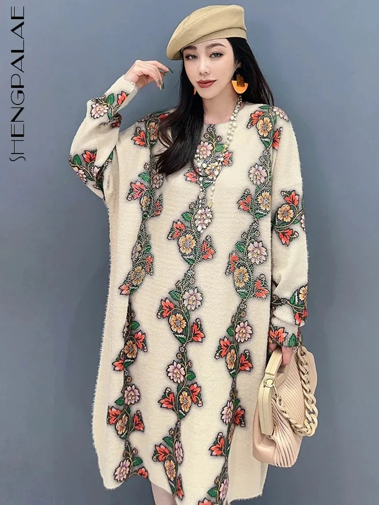 SHENGPALAE Floral Sweater Dress For Women Vintage Versatile O-Neck Full Sleeve Knitting Robe Vestido 2024 Autumn New Tide 5R8649