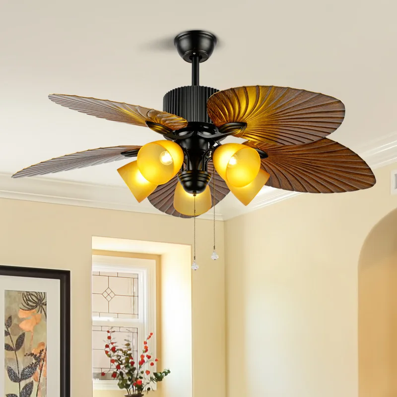 Nanyang plantain leaf fan chandelier bedroom living room American retro nostalgic home vintage dining room ceiling fan light cas