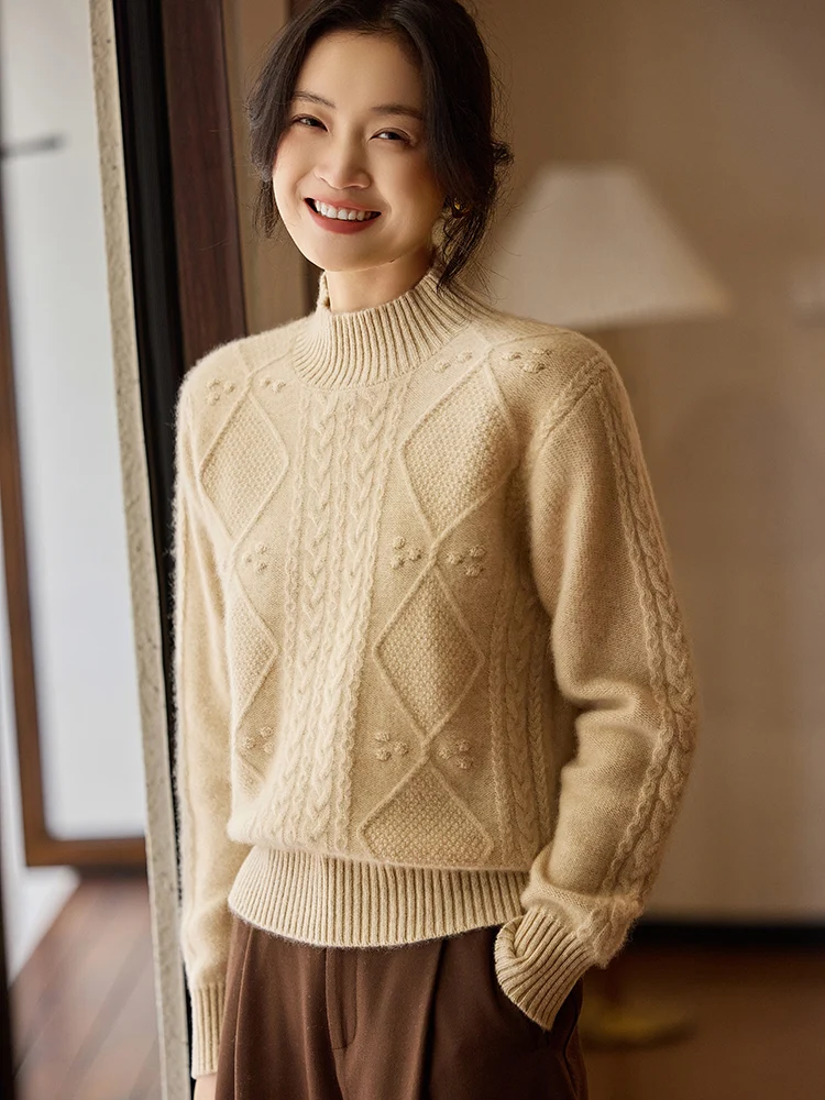 TLOML Nowa damska odzież dzianinowa ze 100% wełny merino, golf, dzianina w warkocze, jesień-zima, wygodna, miękka, kaszmirowa odzież dzianinowa, topy