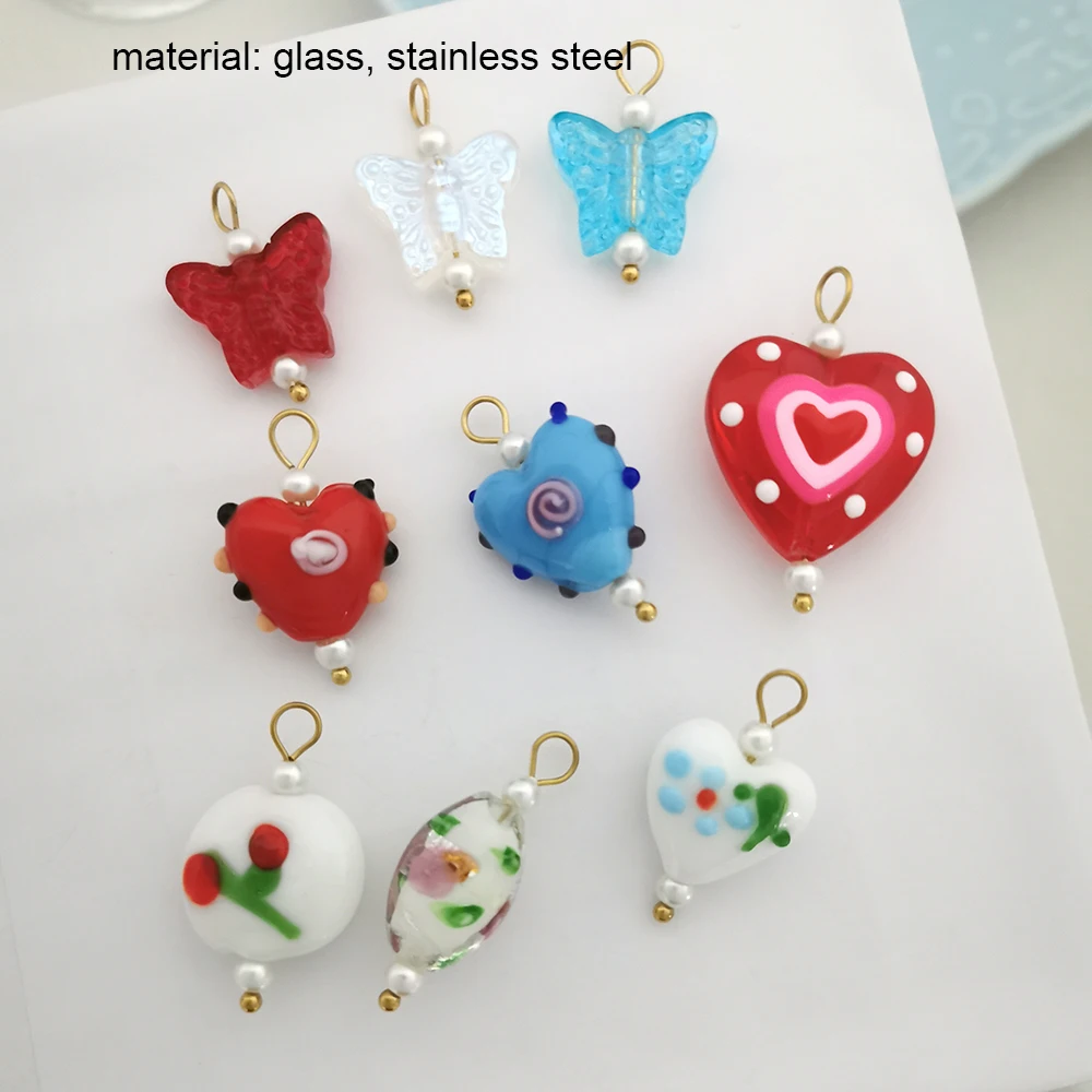 1pc QMHJE Ceramics Glass Pendant Charm Heart Flower Fish Cherry Handmade DIY Butterfly Necklace Stainless Steel Wholesale