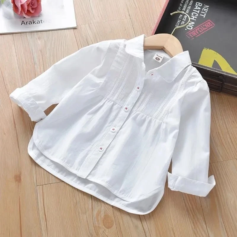 Girls Baby Shirt Pure cotton Spring and Autumn 2024 new little girls Korean casual white shirt Children\'s white bottom shirt