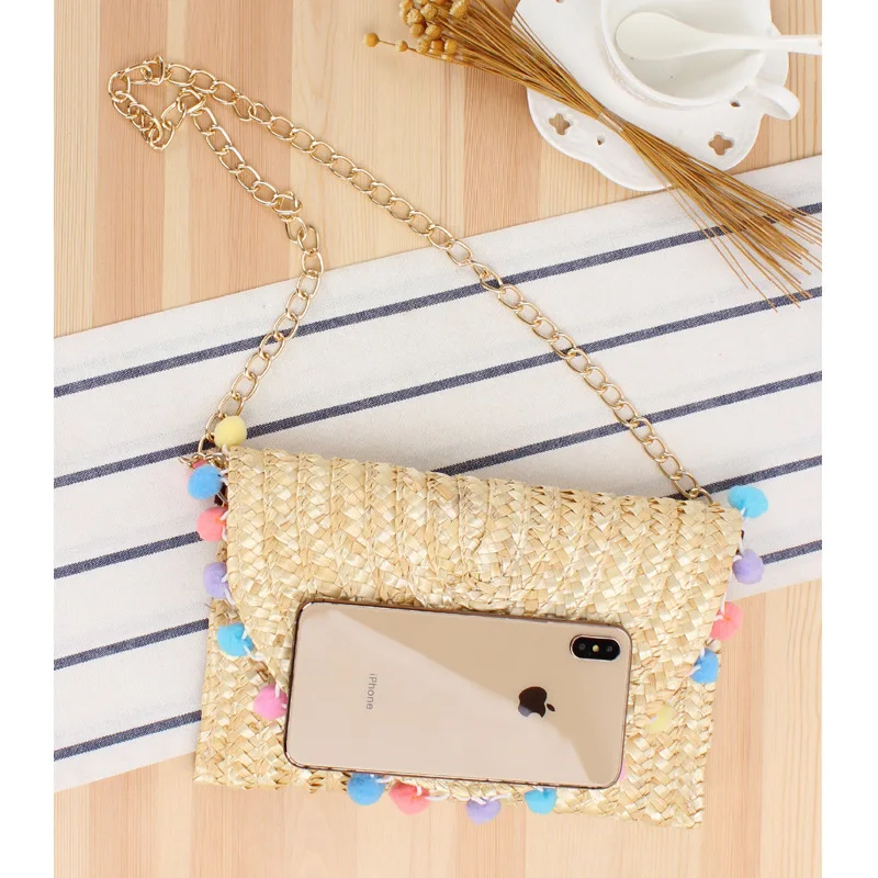 Beach Casual Women's Bags Large Capacity Straw Woven Cute Travel Shoulder Bag with Lovely Ball Decoration