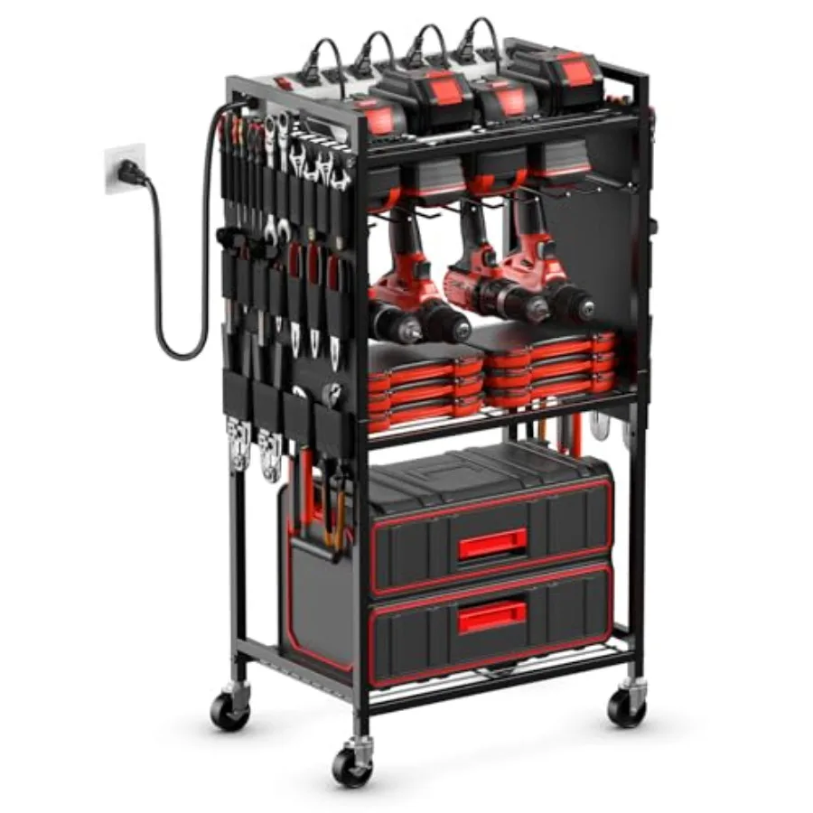 

Large Power Tool Organizer Cart with Charging Station Garage Floor Standing Rolling Drill and Tools Battery Storage Cart on Whe