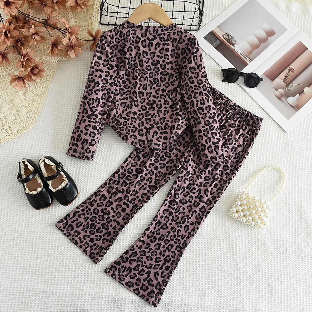 2024 Clothing Set Girls Long Sleeve O Neck Leopard T-shirt Flare Pants 2 Pcs Sets Casual Girls Clothes Set 2-7T