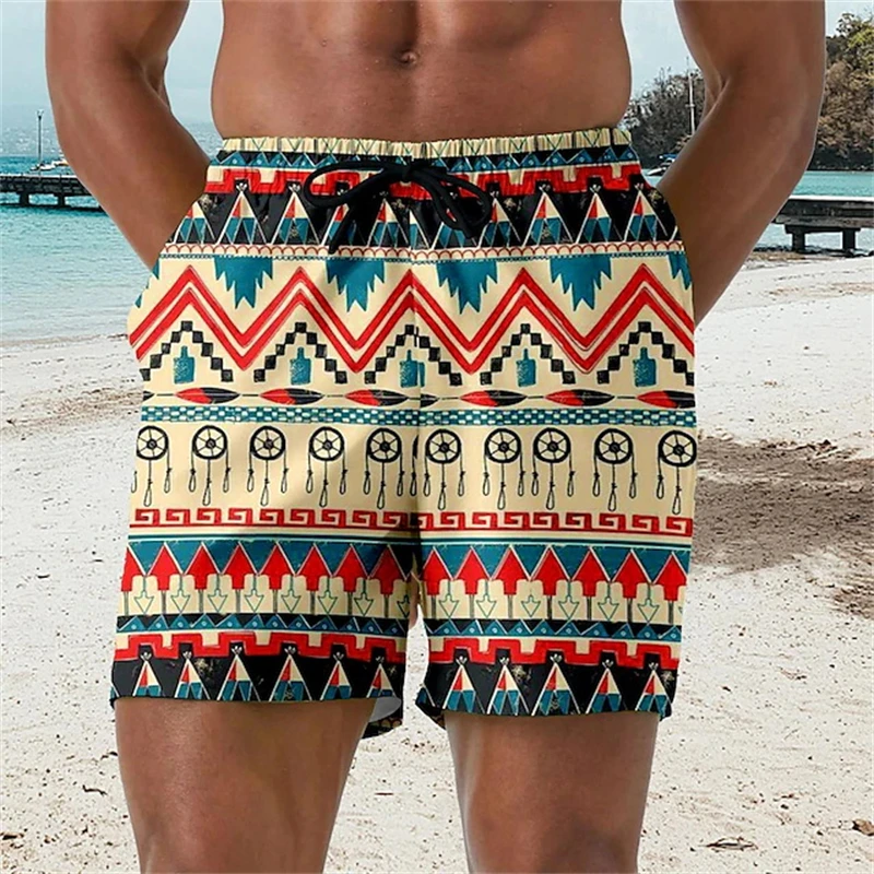 Hawaiian Ethnic Pattern Beach Shorts For Men Geometric Pattern 3D Printed Swimming Trunks Unisex New Summer Vacation Short Pants