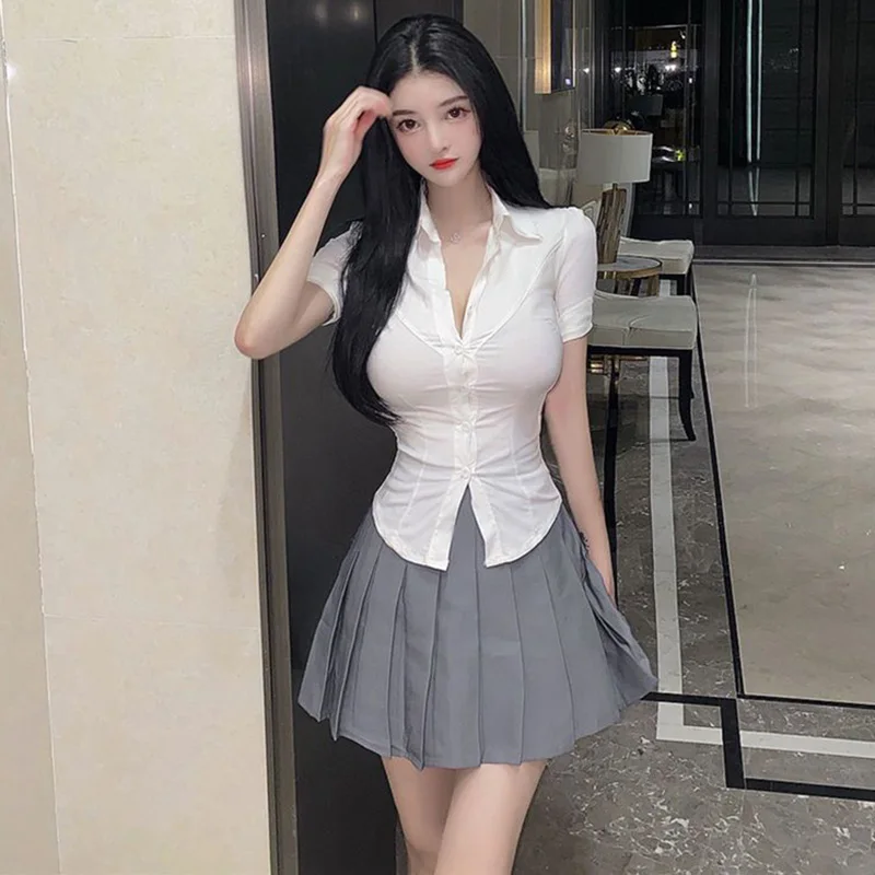 Biyaby White Shirt for Women Korean Style Short Sleeve Turn-Down Collar Blouse Ladies Summer Sexy Slim Single Breasted Shirts