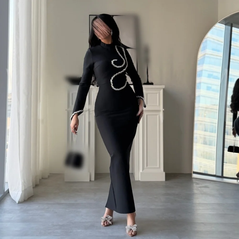 

Customized High Quality Retro Evening Rhinestone Long Sleeves Straight Midi Dresses Bespoke Occasion Elegant Party Gown Glitter