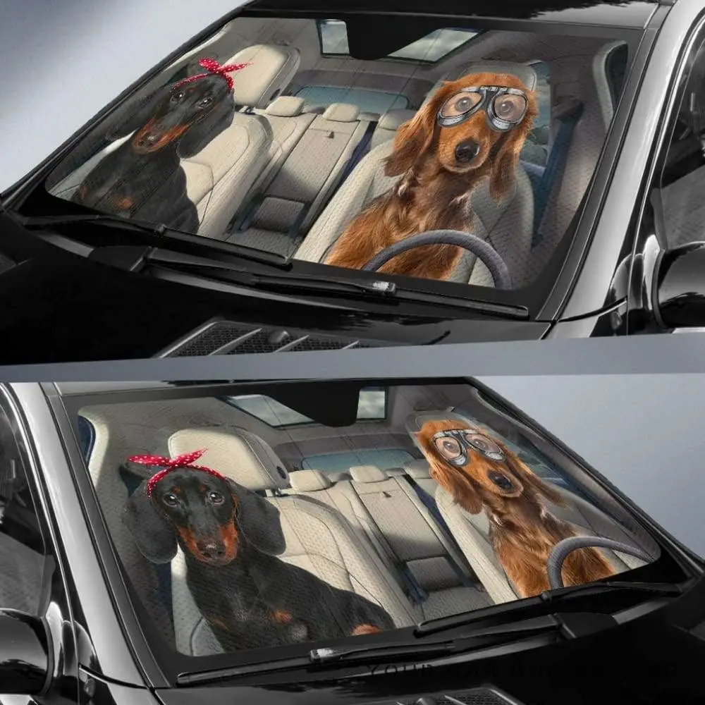 Funny Daschund Dog Couple Driving Left Handed Car Sunshade for Doxie Lover Couple Dog Car Sunshade