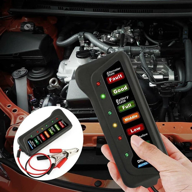 12V Car Battery Tester Digital Alternator 6 LED Lights Display Diagnostic Tool