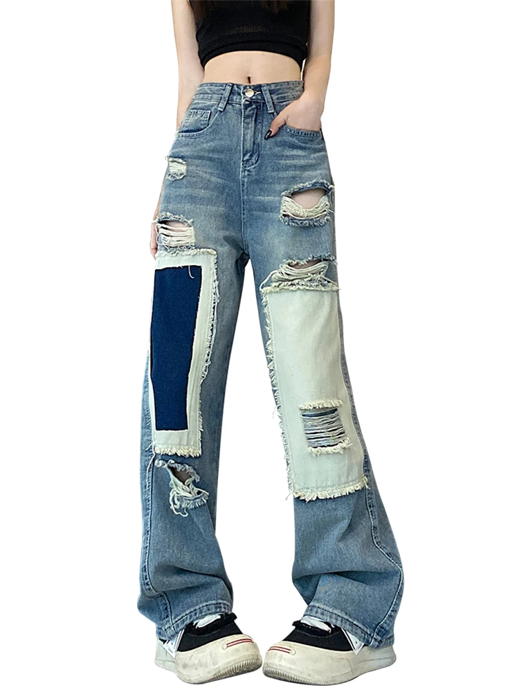 

Vintage Women Patchwork Denim Pants Holes Ripped Streetwear Pocket High Waist Fashion 2023 Summer New Wide Leg Straight Jeans