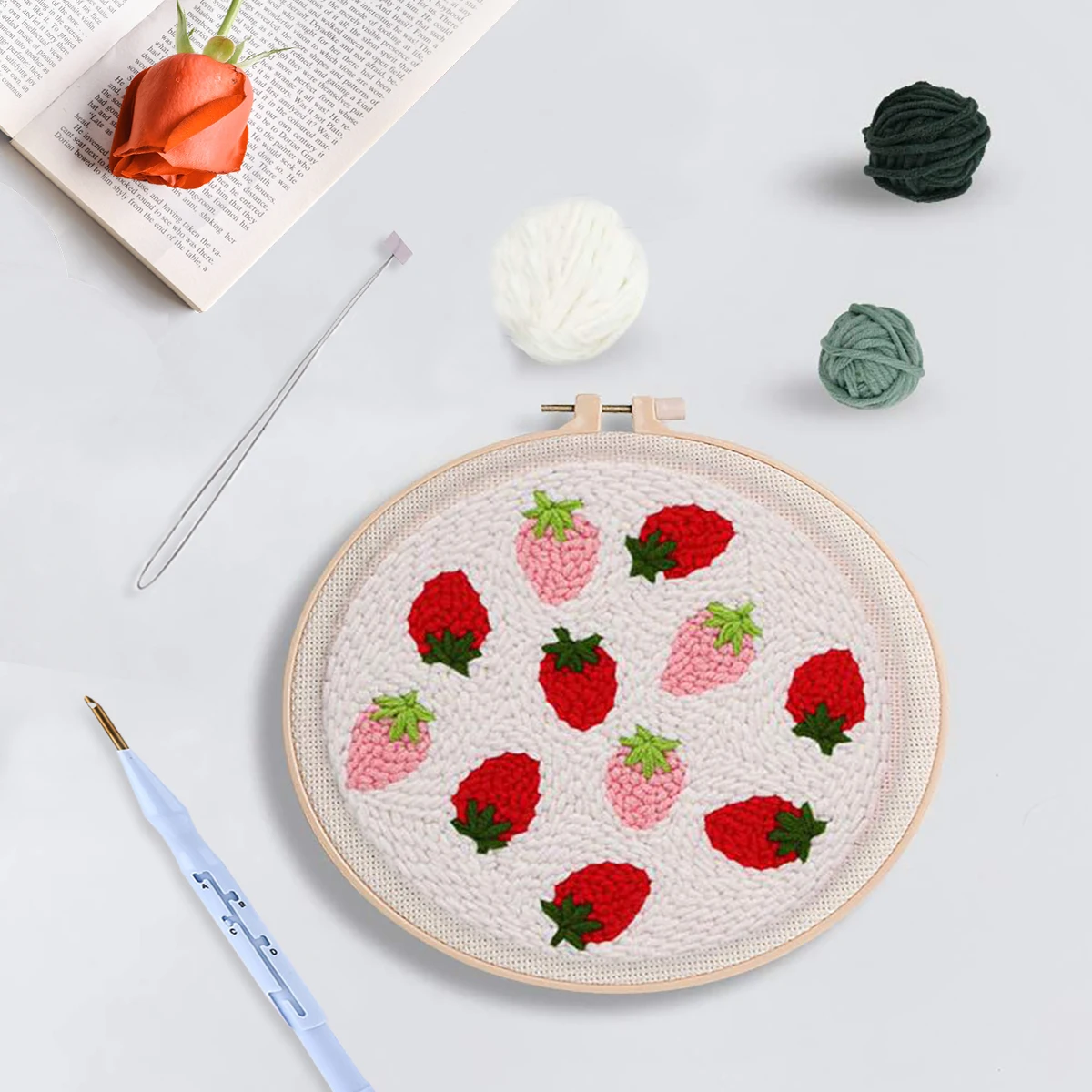 DIY Punch Needle Embroidery Kit with Yarn Food Pattern Starter Kit Magic Tufting Set Poking Cross Stitch Handwork Needlework