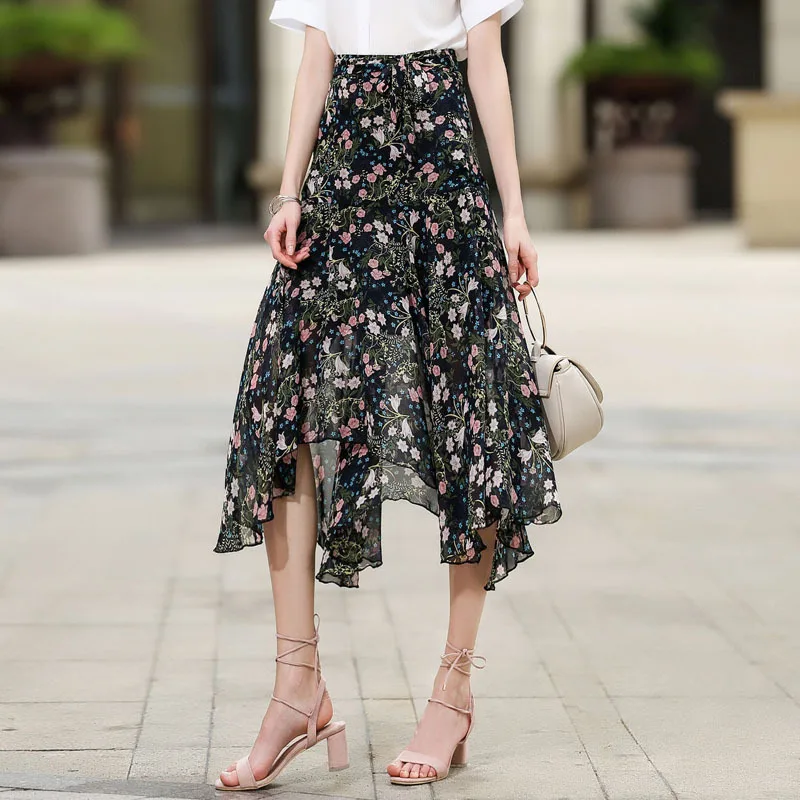 

Long Maxi Elegant Skirt Women 2022 Spring Summer Korean White Black Floral Print High Waist Sun School Skirt Female