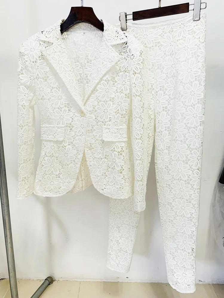 HIGH STREET Newest 2026 Designer Runway Suit Set Women's Single Button Guipure Lace Blazer Pencil Pants Suit 2pcs