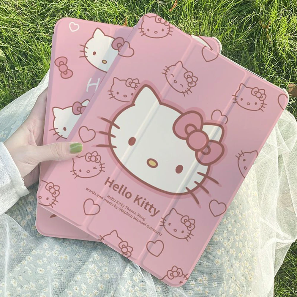 Kawaii Sanrioed Hello Kitty Pu Ipad Case for Ipad Pro2020 2021 2022 12.9 Air3 4 5 Cartoon Cover Anti-Fall Cute Student Girl Gift