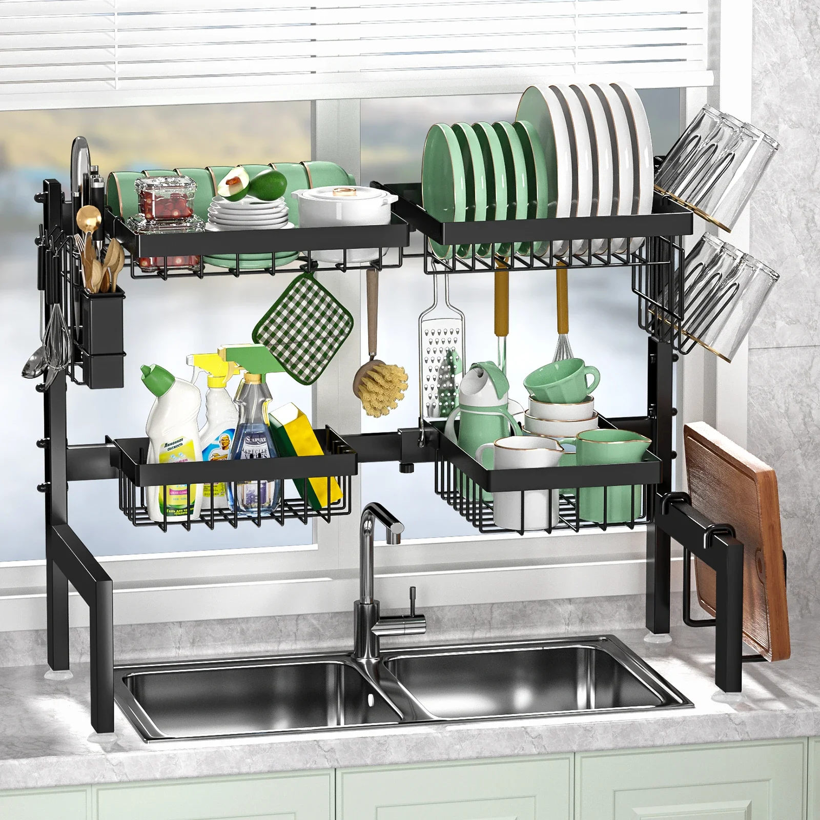 Large Over The Sink Dish Drying Rack Kitchen Tablewares Storage Shelf Adejustable Height and Length Rust Proof Black