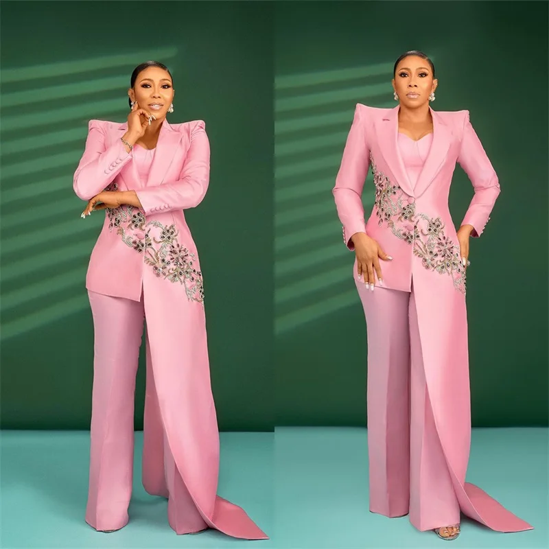 Pink Crystal Mother Women Suit Set Blazer+Pants 2 Pcs Appliqued Formal Office V Neck Jacket Party Long Tail Prom Dress Customize