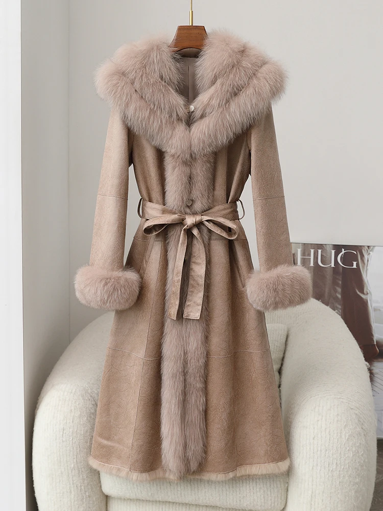 

fur integrated coat for women's medium length Haining 2023 winter slim fit genuine leather rabbit fur coat