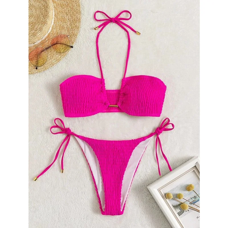 

Bikini New Solid Color Chain Split Swimwear Multi Color Triangle High Waist Beach Swimwear for Women In Europe and America