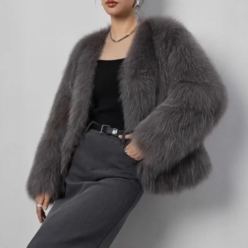 Short Fashion Imitation Fox Hair Fluffy Plush  Environmentally Friendly Fur European and American Fur V-neck Artificial Jacket .