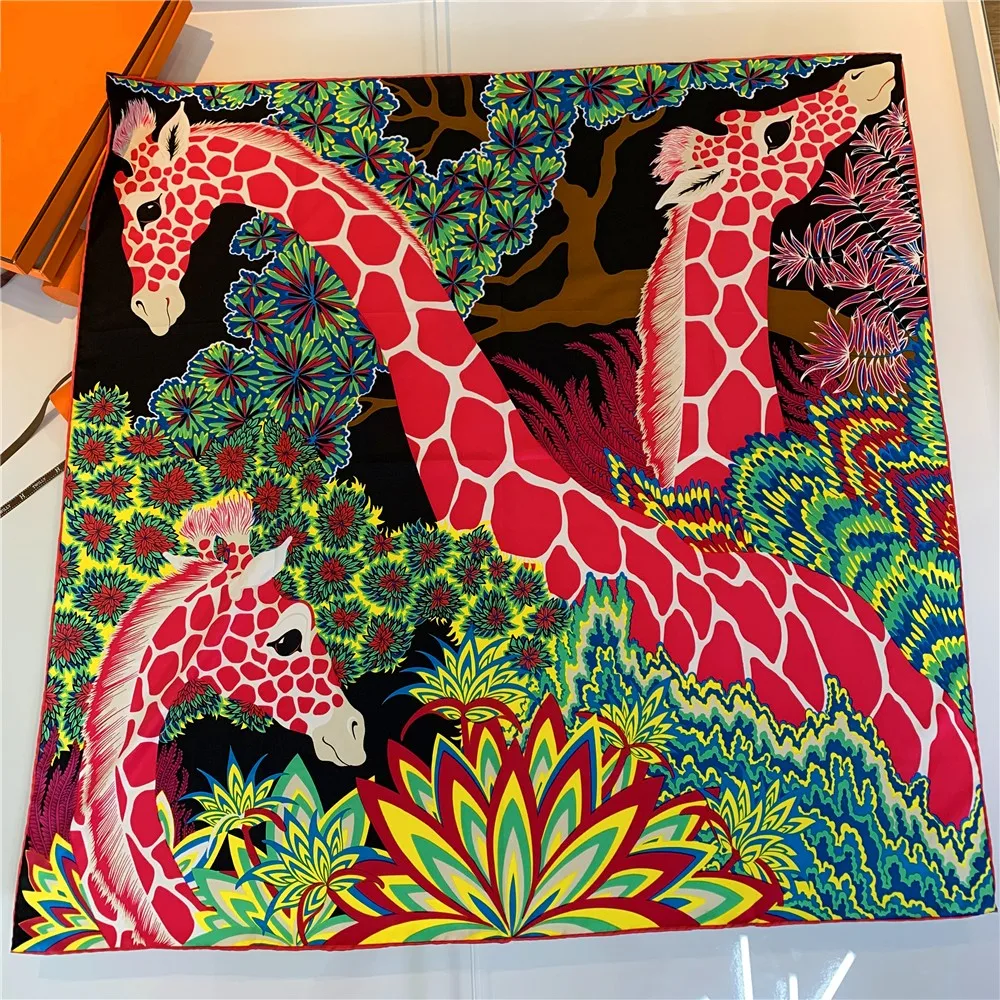 Three Giraffes Brand Hijabs Scarf Women Bandana Handmade Curled Twill Silk Square Scarf Luxury Foulard Head Scarves Shawls 90CM