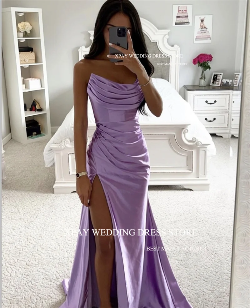 XPAY Sexy Strapless Blush Pink Prom Dresses Long Pleats Split Mermaid Lavender Evening Gowns Formal Party Vestidos De fiesta