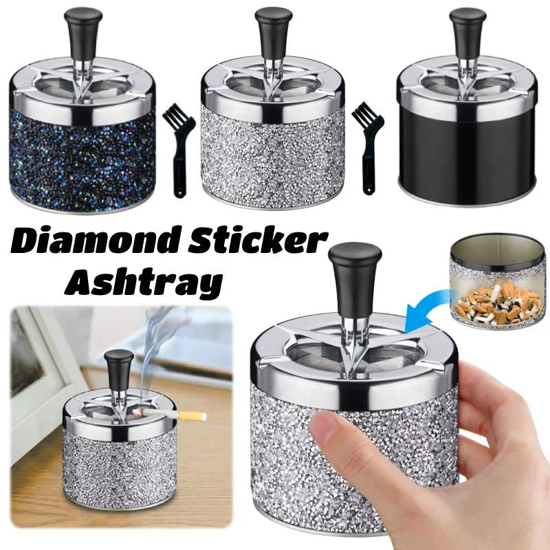 

Портативная нажимная пепельница с крышкой, вращающаяся пепельница, ветрозащитная алмазная наклейка, самоочищающаяся настольная пепельница для домашнего курения