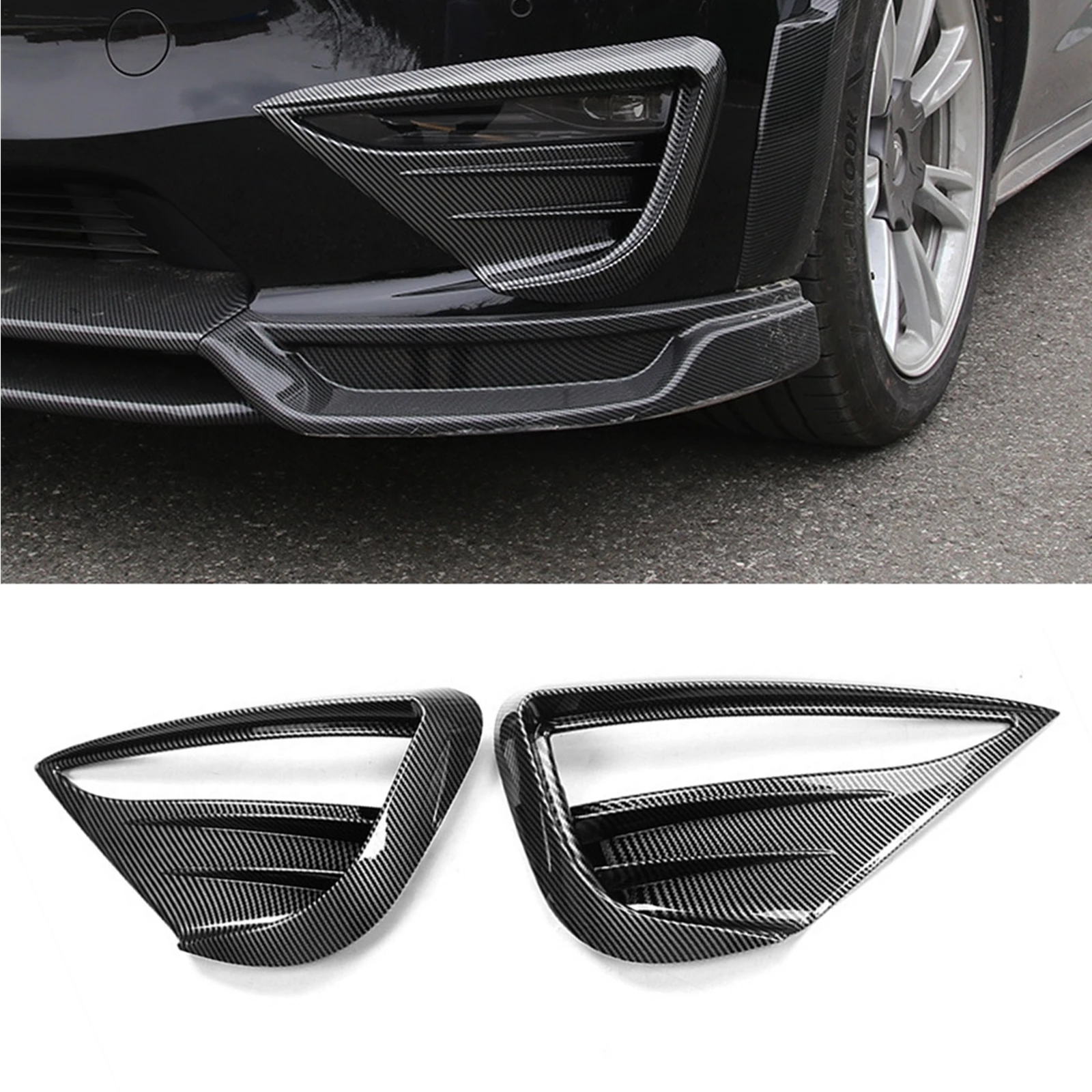 

For Tesla Model Y 2020-2023 Front Fog Light Lamp Spoiler Cover Trim Carbon Fiber Look/Black Car Side Bumper Air Vent Hood Frame